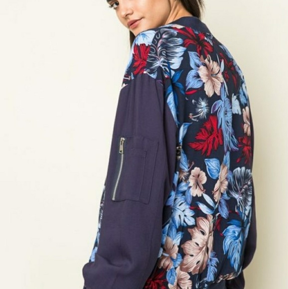 NAVY FLORAL PRINTED BOMBER JACKET - Picture 4 of 6